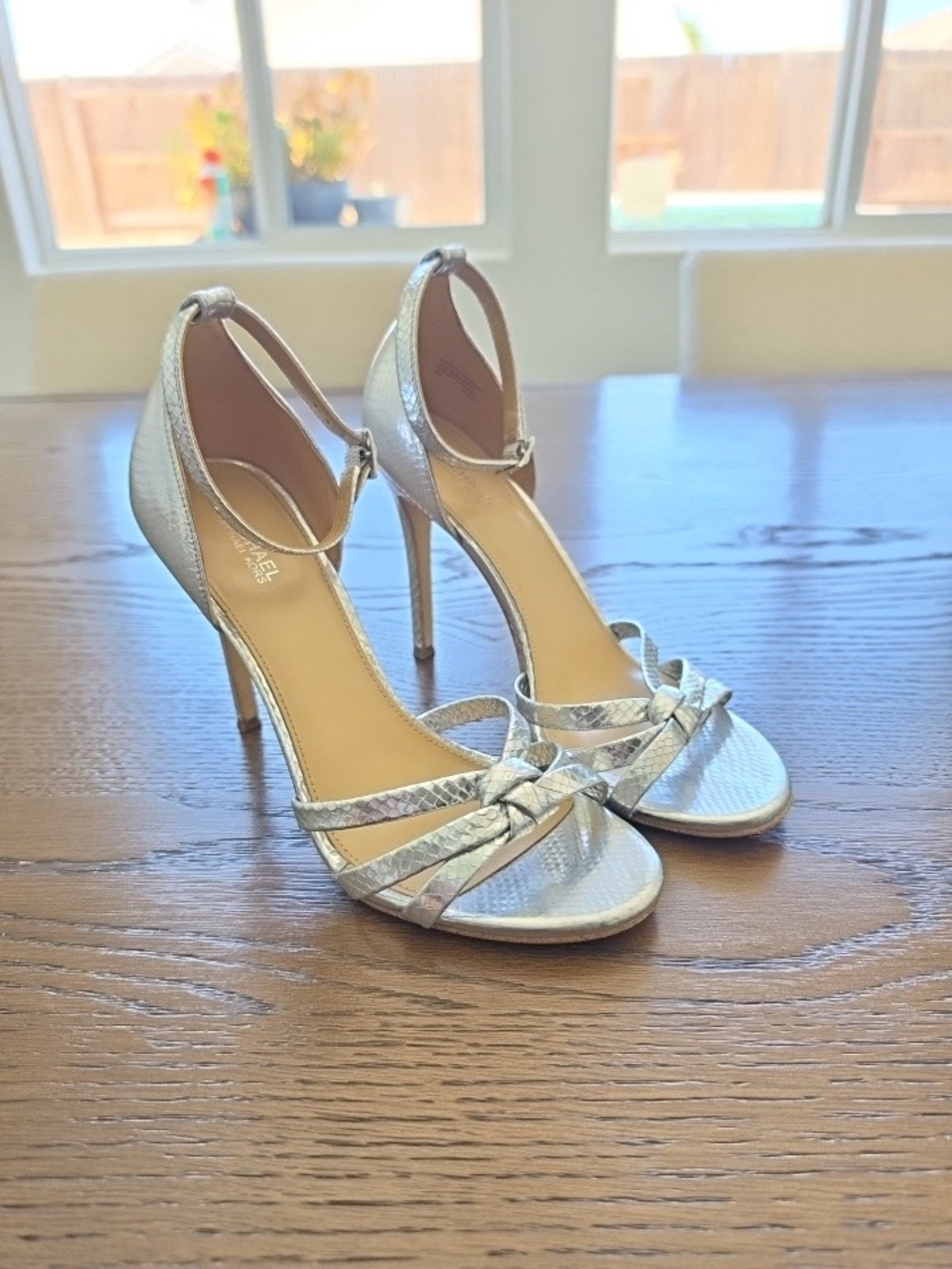 Michael Kors Silver Snake Embossed Leather Ankle Strap Heels Womens 8